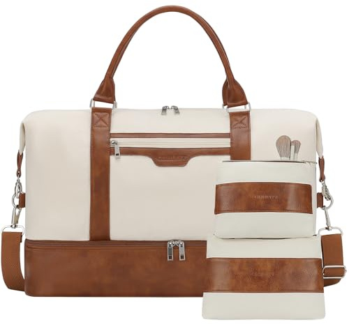 Oeihuivt Bolsas de fin de semana para mujer, bolsa de viaje grande de 21 pulgadas, juego de 2 piezas con compartimento para zapatos, bolsa de lona resistente de cuero para llevar durante la noche