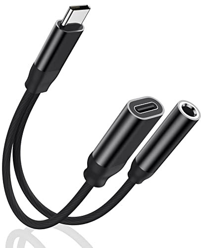 Adaptateur USB C vers 3.5mm Casque et Chargeur, 2 en 1 Tpye C vers 3.5 mm Audio Charge Adaptateur Dongle Câble tressé Compatible avec Samsung Galaxy S24/S23/S22/S21/A55/A54,Pixel 4/3/XL, iPhone 15