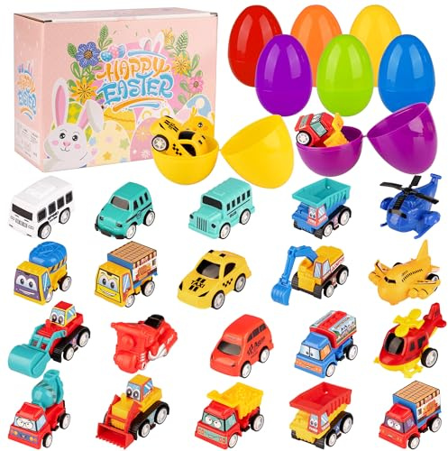 Leismy 20 PCS Easter Eggs Basket Stuffers with Pull Back Construction Truck Engineering Vehicles Bus Helicopter Large Easter Suprise Egg for Birthday Class Party Favors(Not Pre-filled)