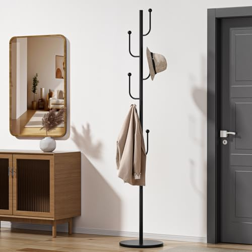 Porte-manteau moderne en métal avec base en marbre naturel, porte-manteau robuste autonome avec 8 crochets, porte-manteau debout motif cactus noir pour sac, veste, entrée, bureau noir + noir