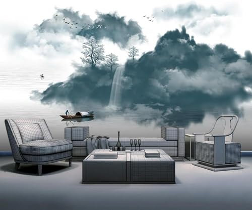 XLMING Black and White Ink Mountain Peak Waterfall Tree Boat 3D Wallpaper Home Study Office Dining Room Sofa Bedroom Living Room TV Backdrop-430cm×300cm