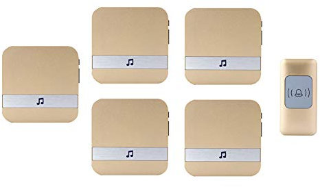 WOTZOV Wireless Waterproof Doorbell, Universal Smart Door Chime 300M Operating Range Door Chime,1 Push Button+5 Receivers,52 Ringtones,4 Volume Levels,Gold,Gold