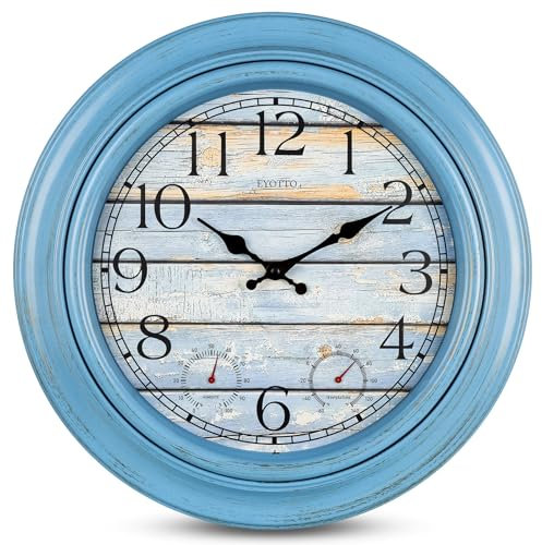 eYotto ​​18-Zoll Großer Innen-/Außenwasserdichter Wanduhr mit Thermometer & Hygrometer, batteriebetrieben & geräuschlos für Terrasse, Pool, Garten, Badezimmer Strandhaus – Dekorativ, Oversize-Blau