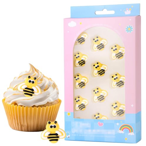 Lyreh 12pcs Edible Bees Cake Decorations, Icing Bumble Bee Cupcake Toppers Sugar Sprinkles for Cake Decorating Parties Baby Shower Waffles Ice Creams Decor