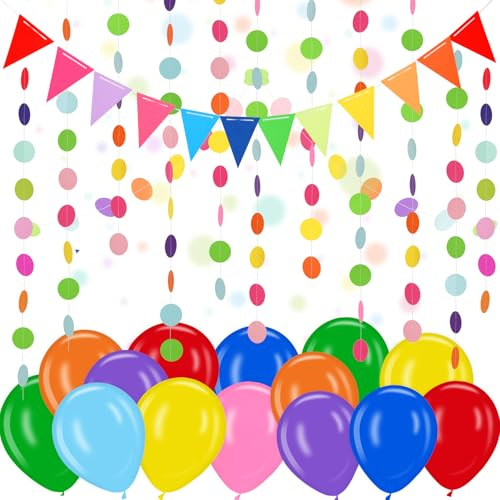 AhfuLife Hängenden Girlande mit 99-teilige Bunte Kreisen für Karneval Party Deko, Bunte Runde Papier Girlande für Fasching Hochzeit Geburtstag Weihnachtstag Decke Balkontür Deko (Karneval Deko Set)