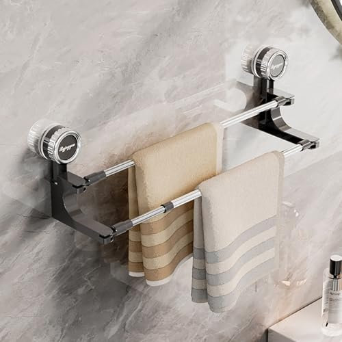 Barra portasciugamani a Doppia Asta con Ventosa, Organizer per Asciugamani da Parete, scalabile da 35 a 70 cm, Rimovibile e appendibile, per Porta Doccia in Vetro, Grigio