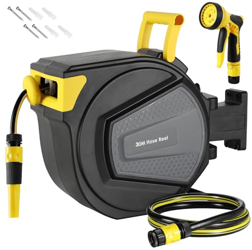 TLGREEN Slangtrumma, vatten för trädgård 30 m, PVC-slang, automatisk upprullningsstopp, 180° vridbar, väggslangbox, slangupprullare med 9 funktioner, handdusch, 4 st spikar, biltvätt