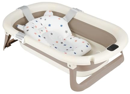 Bañera Bebé con Sensor de Temperatura Digital, Bañera Bebe Plegable Soporte Ergonómico, Drenaje Rápido, (Marrón(Con Alfombra de baño))