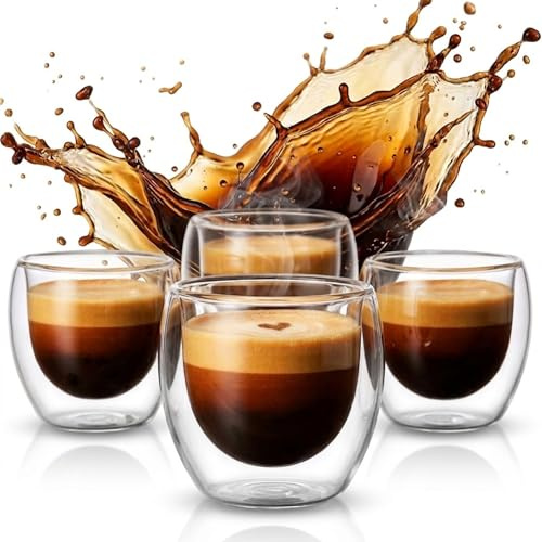 Panteer ® Latte Macchiato Gläser - 4x 350ml - Mit 4 langen Löffeln - Doppelwandige Gläser, Cappuccino, Doppelwandige Kaffeegläser, Thermogläser Doppelwandig, Teegläser - Aus Borosilikatglas