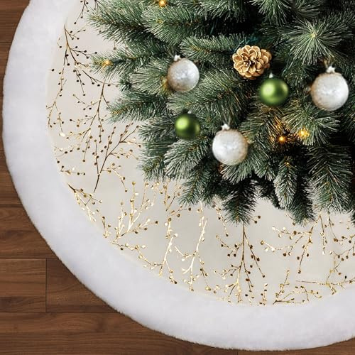 90cm Weihnachtsbaum Rock Weiß & Gold,Faux Fell Christbaumdecke Rund,Dicke Plüsch Samt Tannenbaum Decke,Große Christbaumdecke Weiß für Weihnachtsbaum Deko