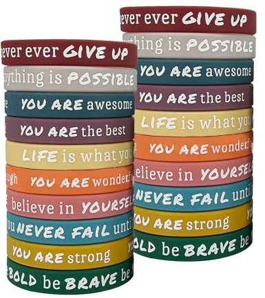 Ferizzia 20 Pièces Bracelets de Motivation, Bracelets en Silicone de Motivation 10 Couleurs, Bandes de Sport avc Citation Inspirante, Messages Positifs, Cadeau pour Collègues, Adolescents, Enfants