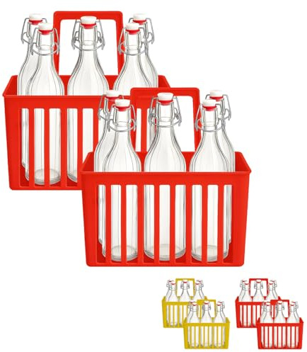 PALUPLUS Set 12 Bottiglie in Vetro da 1 Litro con 2 Cestelli Portabottiglie, Bottiglia Vintage Costolata, Porta bottiglie in Plastica a 6 Scomparti con manico per trasporto -8636/8689-11,7 (Rosso)