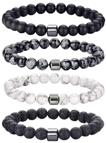 Perlenarmbänder für Herren Set 4 Stück Perlenarmband Herren mit 8 mm Tigerauge Lavastein Stretch Naturstein Perlen Armband für Männer Fraun elastische Herrenarmband Schmuck Armband Geschenk (Set A)
