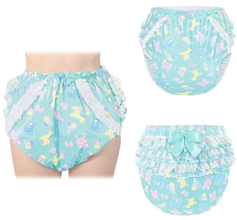 LittleForBig Seidenartiger Waschbarer Wiederverwendbarer Wasserdichter Rüschenspitze mit Satinband Baby Parade Muster Rüschen Erwachsene Windel Abdeckung Grün L