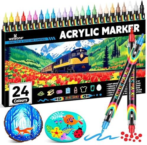 WINSONS Acrylic Paint Pens 24 Colors, Waterproof Markers for Art Colouring | Non-Toxic, Dual-Tip, Works on Multi-Surface