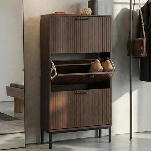 Mendler Schuhkipper HWC-P48, Schuhregal Schuhschrank, 3 Kippfächer Ablage MDF Melamin 125x60x25cm - Walnuss-Optik