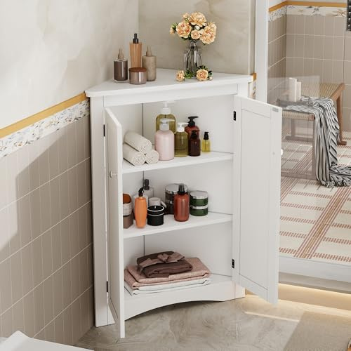 JCFEIDQW 61,5 x 90 cm Eckschrank, Badezimmerschrank, Badschrank, Freistehender 2-türiger Dreiecks-Schrank mit 3 Ebenen, Hochwertige MDF-Platte mit Lackierter Oberfläche für Bad, Küche(Weiß)