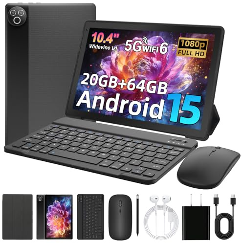 MUISOO Android 15 Tablet, 10.4 inch Tablet, Android Tablets with Keyboard Pen Case Mouse Earphone, 20GB RAM+64GB ROM (TF 1TB), 5000mAh, WiFi 6, BT5.4, Dual Cameras & Speakers, Black