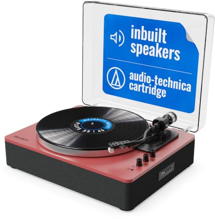 MAJORITY Folio Bluetooth Vinyl Record Player (Red) | Bluetooth Turntable with Built-in Speakers, Bluetooth In & Out, USB Recording, RCA & AUX, 33 & 45 RPM, Pitch Control