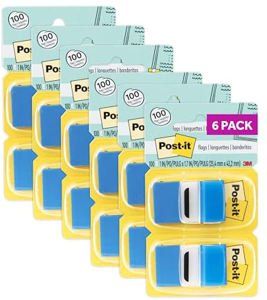 Post-it Flags, 1 in. x 1.7 in., Twelve Dispensers with 50-Count Blue Sticky Tabs Per Dispenser (600 Flags Total), Removable Page Markers for Books, Planners, Calendars, and Other Paper Types