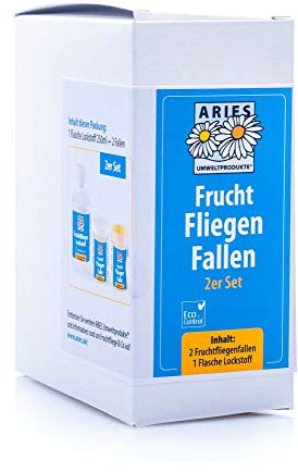 ARIES Obstfliegenfallen-Set mit 2 Fruchtfliegenfallen und 250ml Lockstoff Köderflüssigkeit, Weiß, 200Ml + 2 Fallen