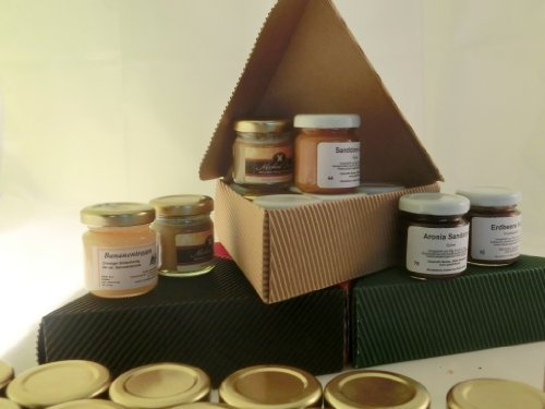 Frühstück 6er Überraschungspaket - 6 x 40-50g Fruchtaufstriche, Gelees, Honig, Creme - kleines Dankeschön, kleines Geschenk, Mitbringsel Geschenk, Geschenkkorb für Mitarbeiter, Geschenkidee für Freund