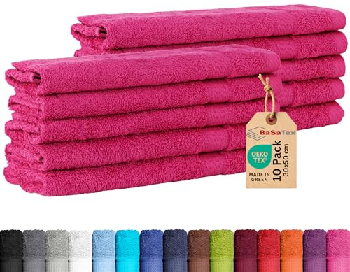 BaSaTex Frottee Gästehandtuch, 10er Set, 30x50cm, Magenta | 100% Baumwolle-Frottee, Öko-Tex Made in Green Zertifiziert, Aufhängeschlaufe, 500gm², saugstark und langlebig