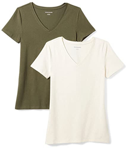 Amazon Essentials Women's Kortärmad V-ringad T-shirt klassisk passform, Pack of 2, Havregryn ljung/Olivgrön, S