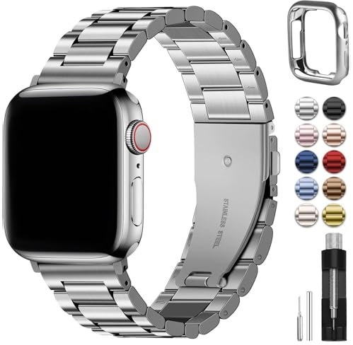 Fullmosa Compatible with Apple Watch Straps 40mm 41mm 38mm 42mm(Series 11/10), Metal Stainless Steel Replacement Bands for iWatch SE 3 2 1/Series 11/10/9/8/7/6/5/4/3/2/1, Silver & Protective Case