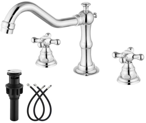 gotonovo Bathroom Faucet 3 Hole 8 Inch Widespread Bathroom Sink Faucet 2 Cross Handles Vintage Lavatory Vanity Mixer Tap with Pop Up Drain, HOT Cold Label, Polish Chrome