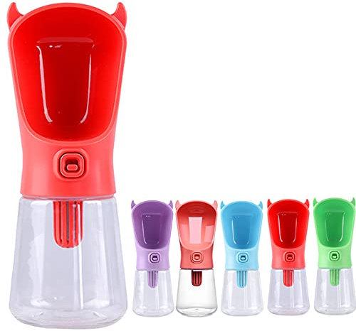 PJDDP Bouteille Portable Chien d'eau avec Filtre 350ML pour Chiens Chats Animaux Voyage Cup Bouteilles d'eau, Distributeur d'eau Pet Food Grade Antibactériennes Leak Proof BPA Extérieur Boisson,Rouge