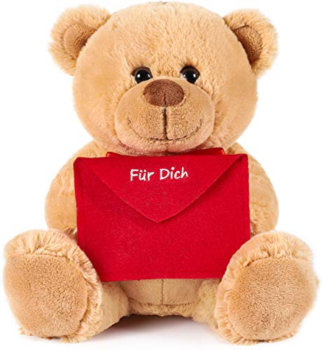 Brubaker Teddy Plüschbär mit Umschlag Rot - Für Dich - 25 cm | Teddybär Plüschteddy Kuscheltier Schmusetier - Hellbraun
