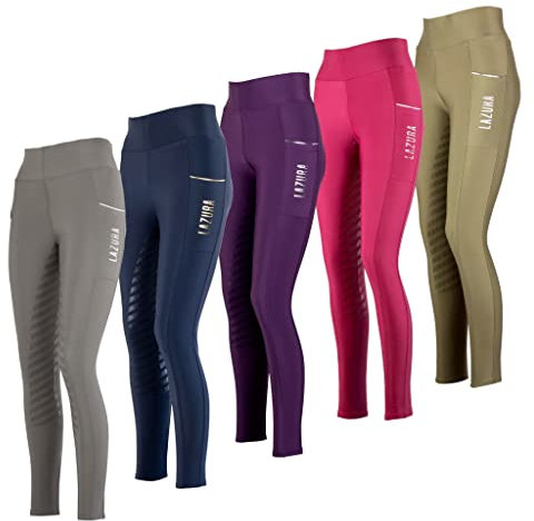 Lazura - Reitleggings für Mädchen Fenja | Vollbesatz aus Silikon | Reithose mit 2 seitlichen Handytaschen | Vollbesatzreithose in Stone | Reitbekleidung in Größe 140/146