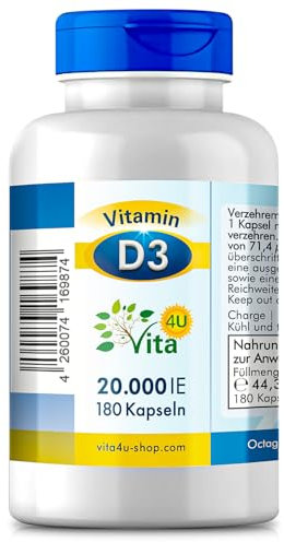 Vitamin D3 20000 IE Depot | 180 vegane Premium-Kapseln | vegan & hochdosiert | 20-Tage-Dosis Vitamin D3 | frei von Zusatzstoffen & Gentechnik