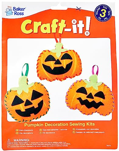 Baker Ross FE772 Kürbis Nähset für Kinder - 3er Pack, Bastelset zum Nähen für Kinder, Halloween Bastelideen, Näh Dekorationen für Kinder