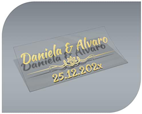 Personalisierbare Aufkleber mit Namen und Datum, transparente Aufkleber für Einladungen, Hochzeit, Taufe, Verlobung, Kommunion, Geburtstag, Party, Vintage, Stempel (Modell 6)