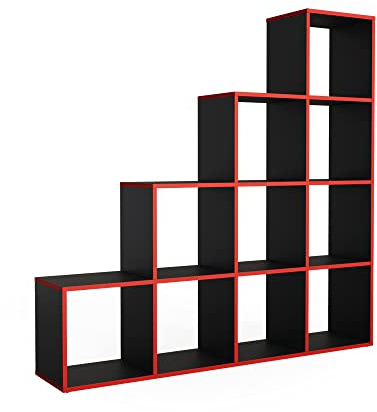 Vicco Scaffale per scale, Nero/Rosso, 142.5 x 140 cm, utilizzabile come divisorio per ambienti con struttura a scala