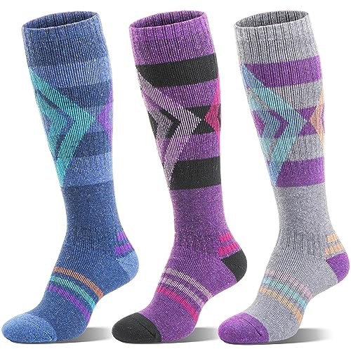 Welwoos Merino Wool Ski Socks for Womens Mens Thermal Heated Winter Warm Thick Knee High Gift Sock Stocking Fillers for Skiing Outdoor Sports Snowboarding 3 Pairs (Blue/Purple/Grey B,L)