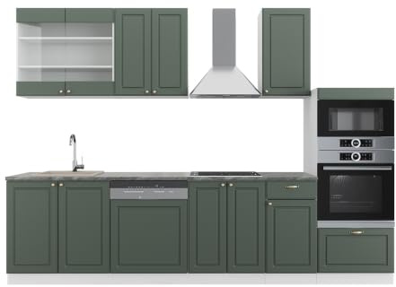 Vicco Küchenzeile Fame-Line, Grün-Gold Landhaus/Weiß, 300 cm | 8 Module · Höhenverstellbare Füße · Ohne Arbeitsplatte · MDF-Fronten · Softclose · Metallgriffe