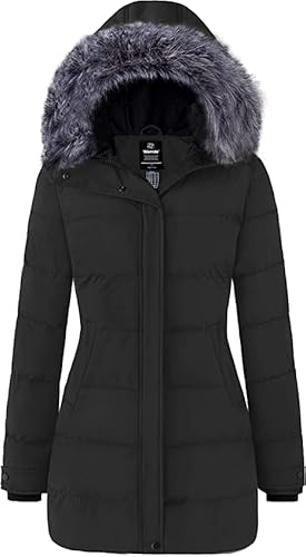 Wantdo Cappotto Donna Invernale Caldo Grande Taglie Giubbotto Imbottito con Cappoccio Impermeabile Antivento Lungo Parka per Esterno Grigio Scuro XL
