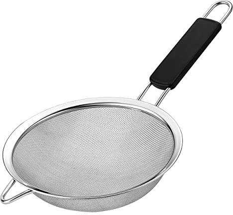 Fine Mesh Strainer with thermo plastic rubber handle - Sieve Fine Mesh Stainless Steel - Ideal to Sift Flour, Icing Sugar, Fruits and Vegetables (5.5 Inches)