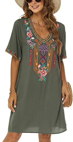 Vakakado Frauen Sommer Boho Mexican Peasant Dress Kurzarm Floral Bestickte Flowy Kleider Lose Hippie Bohemian Tunika