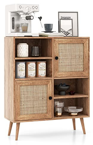GIANTEX Sideboard Kommode Holz, Aufbewahrungsschrank mit 4 Fächern & 2 Rattantüren, freistehender Anrichteschrank mit Kippschutz, Rattan Schrank Anrichte, Wohnzimmerschrank Buffetschrank 80x29,5x97cm