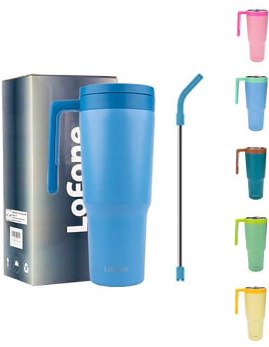 LoFone 1180 ML - 40 OZ Thermobecher aus Edelstahl，Kaffeebecher to Go, Trinkbecher mit Strohhalm, Henkel und Deckel, für Auto Büro heißen und kalten Kaffee Wasser und Tee(Marineblau)