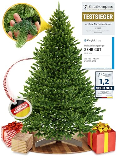 Albero di Natale artificiale [100% stampato a iniezione] - Nordman realistico con cima robusta | christmas tree di prima qualità con supporto in legno certificato FSC (150 cm, Senza illuminazione)