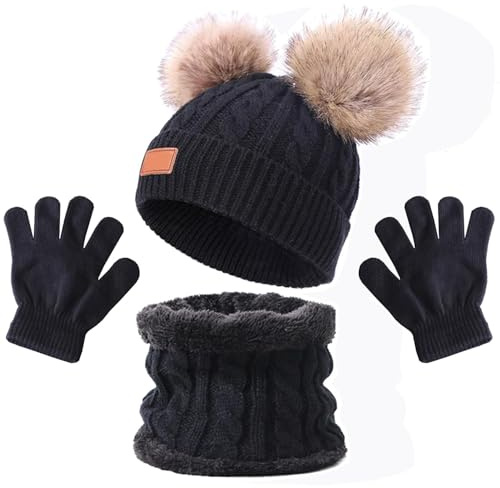 3 PCS Kids Winter Warm Beanie Hat Scarf Gloves Set, Thermal Knit Crochet Thick Fluffy Toddler Scarf Double Pom Pom Bobble Hat with Faux Fur for Girls Boys Children Toddler Aged 3-8 years old (Black)
