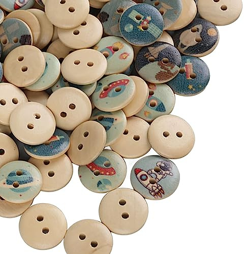 100 Stück Holzknöpfe, Dekorative Cartoon Knöpfe, 2 Löcher Runde Knopf Handgefertigt zum Nähen und Basteln bedruckt mit Tieren Raumfahrt Autos Raumfahrt Meeresserie Dekorationen für DIY Handwerks