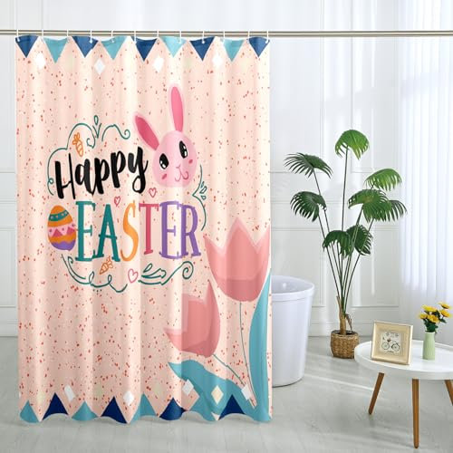 Easter Shower Curtain Rabbits Happy Tulips Polka Dot Egg Cartoon Pink Polyester Ornaments Waterproof Decor Thick Grommet Room Indoor Bathroom Dorm Outdoor Short Shower Curtain 62x72 Inch