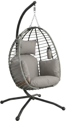 Outsunny Fauteuil œuf Suspendu Pliante avec Coussin 110x100x188cm cm Gris | Support, Usage Intérieur Extérieur, Métal, Corde en Polypropylène