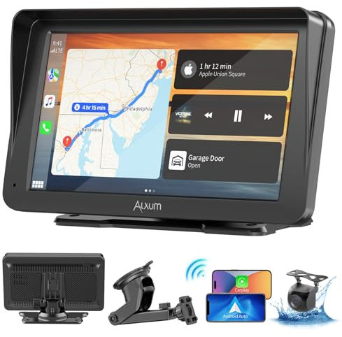 Alxum Carplay Auto Display tragbar 7” IPS Driveplay FM Transmitter Auto Bluetooth Car Play Monitor mit Rückfahrkamera, Unterstützung für TF Karte, FM, AUX für alle Autos
